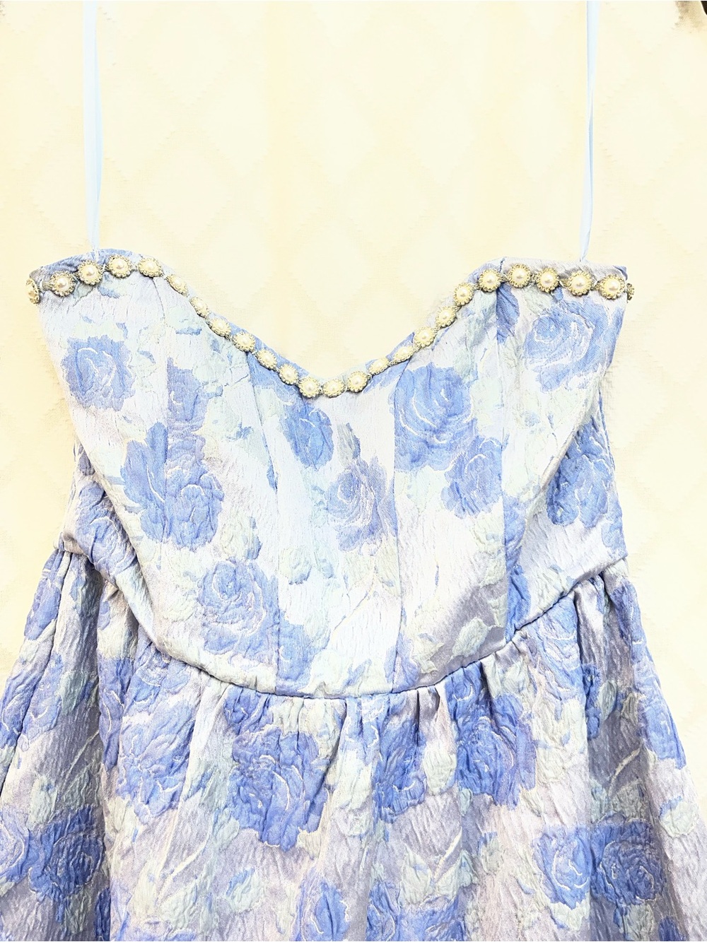 Altar'd State Strapless Floral Rose Jacquard Dress in Light Blue and Cream